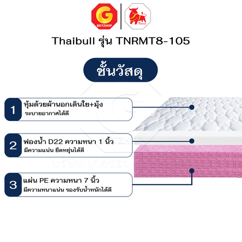 HLTBEMNN00027-9 Thaibull ที่นอน PE เบาะเตียงนอน พับได้ 2 ตอน เบาะรองพื้น Topper ขนาด 3.5 ฟุต หนา 8 นิ้ว รุ่น TNRMT8-105 (หุ้มด้วยผ้า)