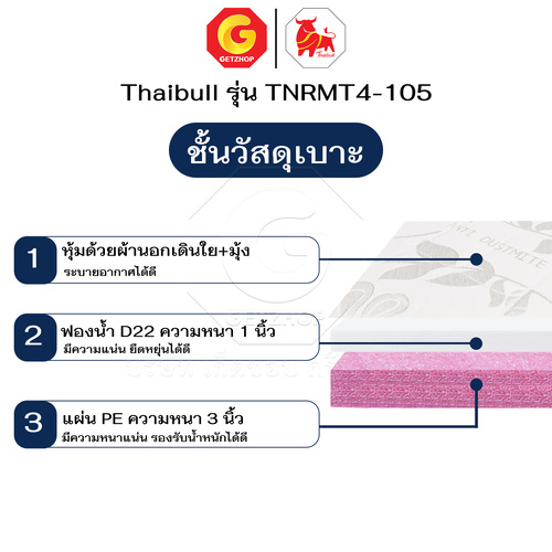 HLTBEMNN00028-7 Thaibull ที่นอน เบาะเตียงนอนพับได้ Topper เบาะ ขนาด 3.5 ฟุต แน่น นุ่ม หนา 4 นิ้ว PE รุ่น TNRMT4-105